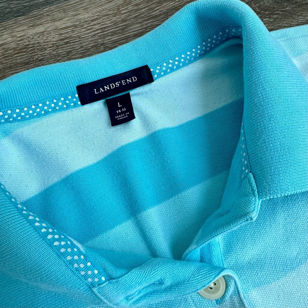 Lands' End Teal Blue Striped 3/4 Sleeve Polo Shirt - Women’s Size Large - Picture 2 of 7